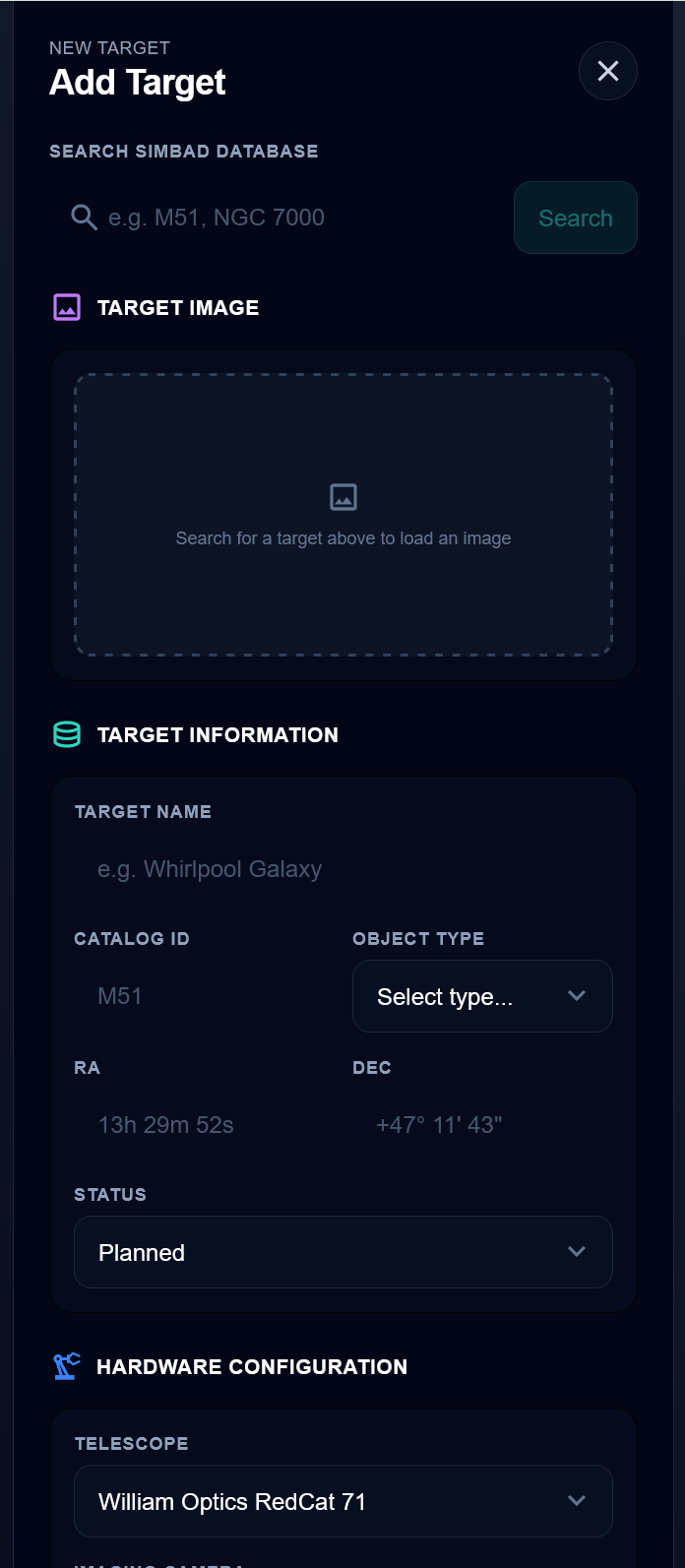 StellarLog Add New Target